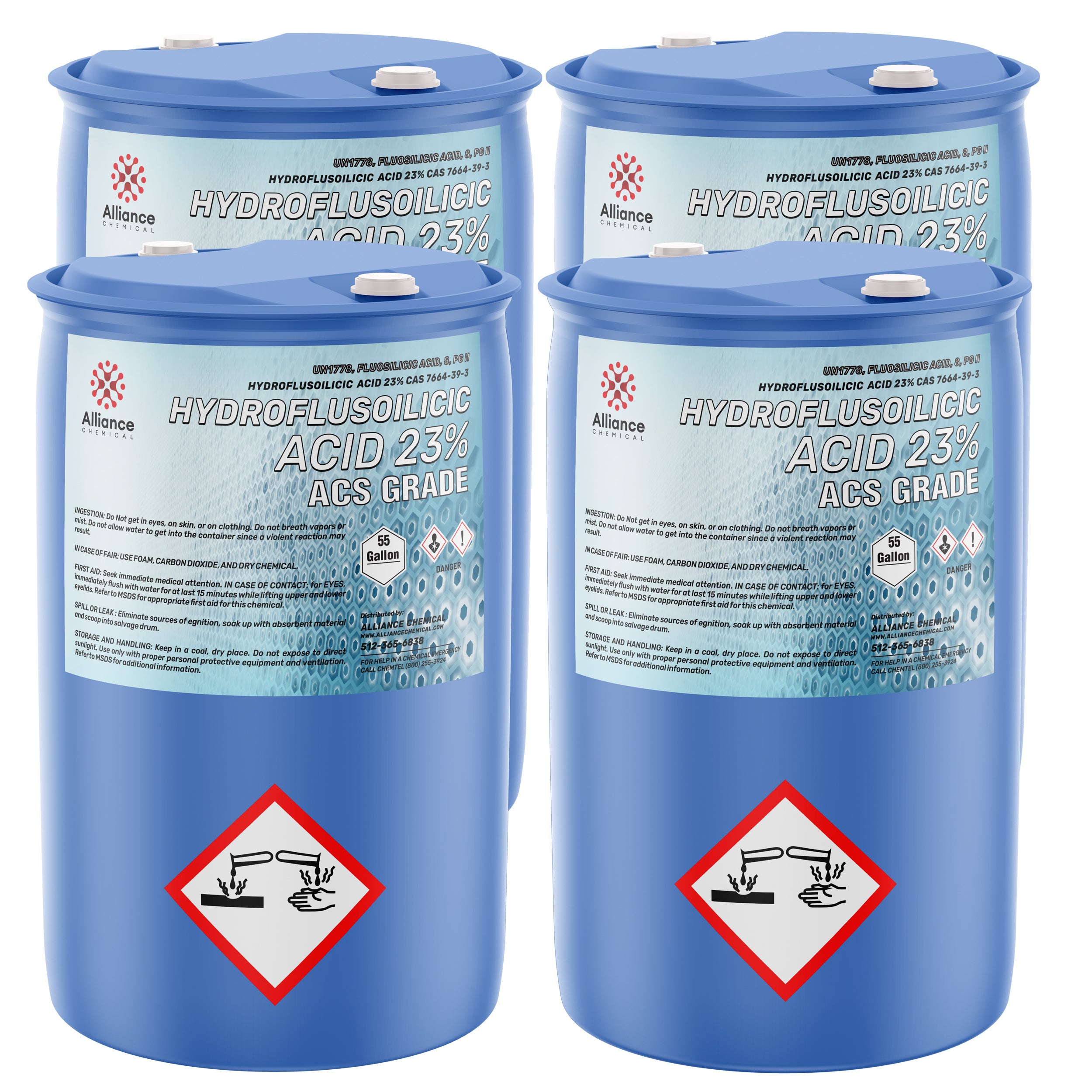 55-gallon blue drums of Hydrofluosilicic Acid 23% ACS Grade by Alliance Chemical, featuring corrosive hazard symbols and safety-sealed lids.